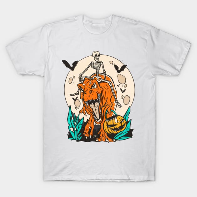 Skeleton Riding T-rex With Pumpkin T-Shirt by mehdime